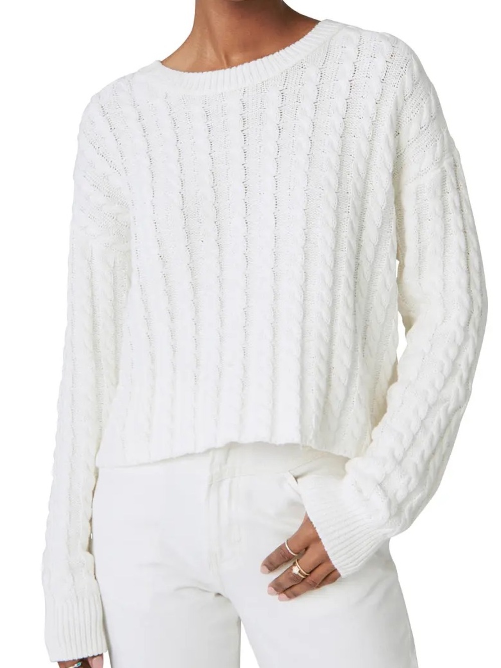 Lucky Brand Cropped White Cable-Knit Crew Sweater
